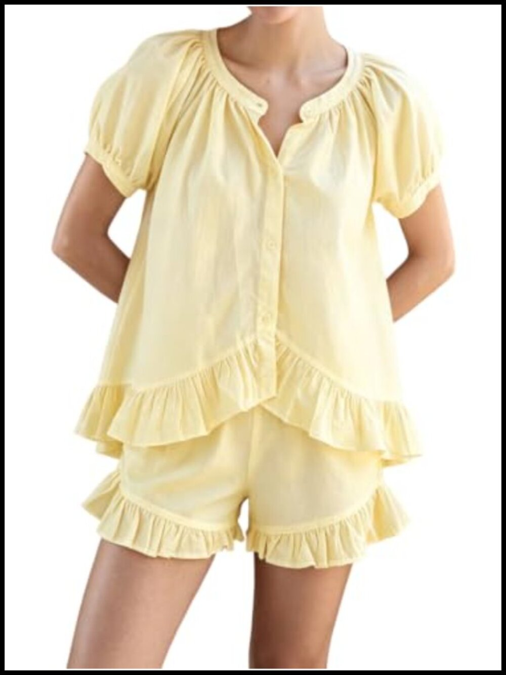 Womens 100% Cotton Ruffle Pajama Set Button Down 2 Piece Shorts Set